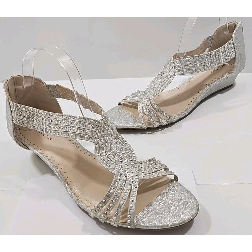 Charter Club~Size 12M~Ginifur Embellished Zipper Wedge Sandals Shoes Silver NWOB